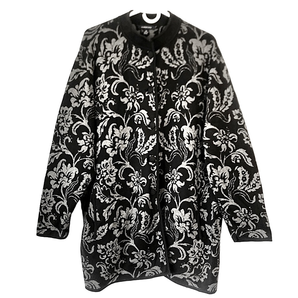 Lands' End Cotton Cardigan Floral Black and Gray with Pockets